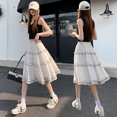 批发实拍韩系撞色波点木耳边蓬蓬<b class='q'>半身</b>裙女春夏高腰遮胯巨好看蛋糕裙子