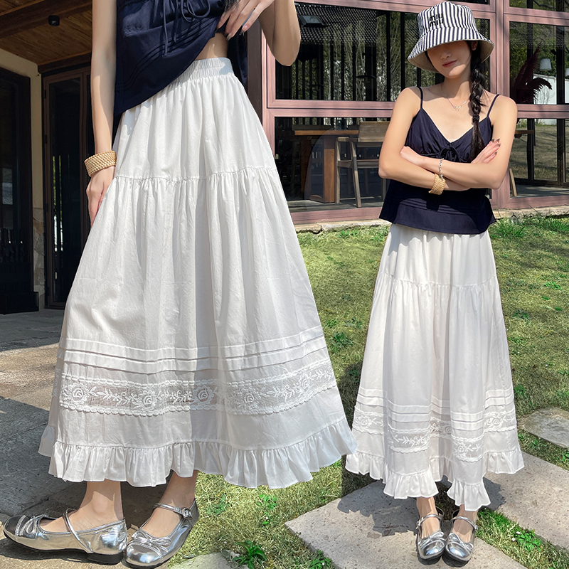 实拍2026春季新款白色蕾丝半身裙女高腰A字蛋糕裙显瘦大摆长裙女