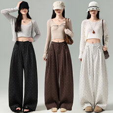 批发实拍2026秋装新款韩版腰绳松紧腰设计慵懒宽松显瘦波点休闲弯刀裤