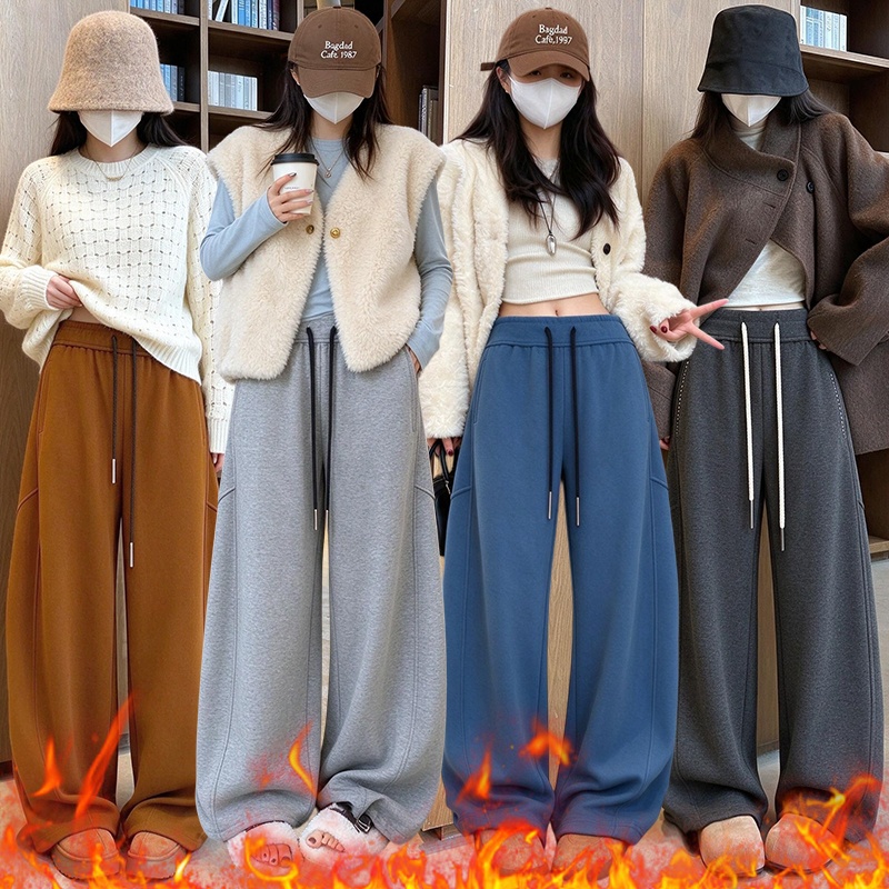 实拍2026冬季新款韩版松紧高腰抽绳加绒加厚休闲裤女阔腿卫裤长裤