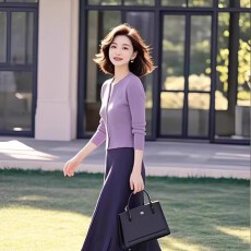 批发紫色针织套装女款2026<b class='q'>春</b>季新款气质韩版高端开衫上衣半身裙两件套