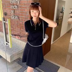 批发<b class='q'>春</b>夏女装套装青<b class='q'>春</b>减龄学院风短袖POLO衫针织衫半身裙短裙两件套