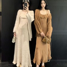 批发针织套装秋季羊毛开衫毛衣内搭吊带连衣裙两件套