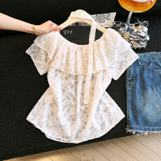 温柔风一字肩荷叶边飘带衬衫女2026夏季新款蕾丝别致浪漫气质上衣