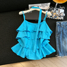 批发荷叶边挂脖飘带多层次吊带背心夏季洋气宽松百搭上衣甜美棉麻女夏