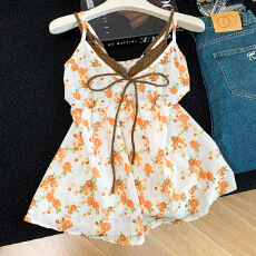 批发CallmeEar//原创撞色<b class='q'>碎花</b>吊带假两件v领纯欲背心女女甜美上衣