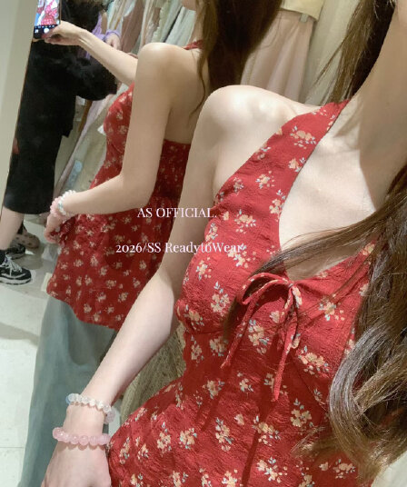빨간색 꽃무늬 행침 목 캐미솔 여름 외출용 휴가 바람 핫걸 오프숄더 Chic 연령 감소 민소매 맨위