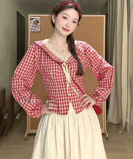 우 77 프랑스식 체크무늬 패치워크 레이스 레이스 V넥 여성 셔츠 작은 키 허리 수축 다용도 연령 감소 긴팔 맨위