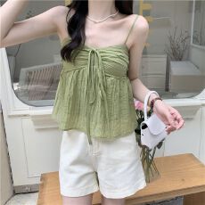 批发2025夏季新款韩版甜美娃娃上衣蝴蝶结绑带<b class='q'>无袖</b>吊带有内衬<b class='q'>雪纺衫女</b>