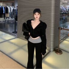 批发辣妹运动风连帽拉链长袖休闲卫衣外套上衣女撞色微喇拖地裤一整套