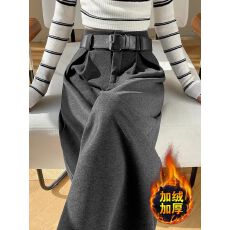 批发高级感灰色西装裤女秋冬加绒加厚毛呢阔腿裤直筒宽松垂感拖地长裤