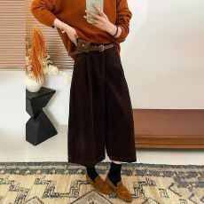 批发咖色秋冬灯芯绒<b class='q'>西装</b>七八分裤脚显瘦直筒百搭休闲高腰阔腿裤小个子