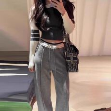 批发秋季灰色美式拼接垂感宽松<b class='q'>运动</b>裤女2025新款高腰<b class='q'>显瘦</b>阔腿裤子