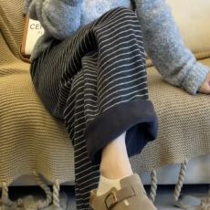 批发显瘦条纹休闲裤冬季新款梨形阔腿拖地裤