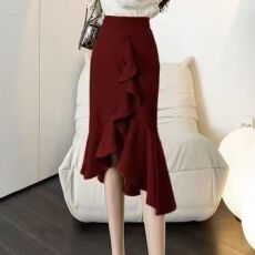 批发<b class='q'>荷叶边</b>拼接鱼尾<b class='q'>半身裙</b>女高腰不规则中长款开叉针织