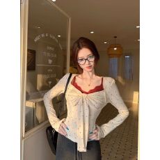 波点绑带长袖T恤女蝴蝶结修身打底衫上衣