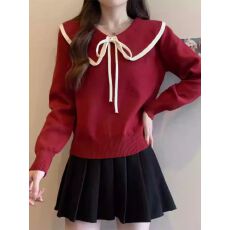 批发娃娃领蝴蝶结针织衫女装红色套头修身显瘦百搭毛衣