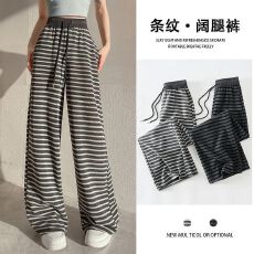 批发色织条纹春夏季新款直筒<b class='q'>休闲</b>阔腿裤复古条纹松紧腰抽绳显瘦裤女