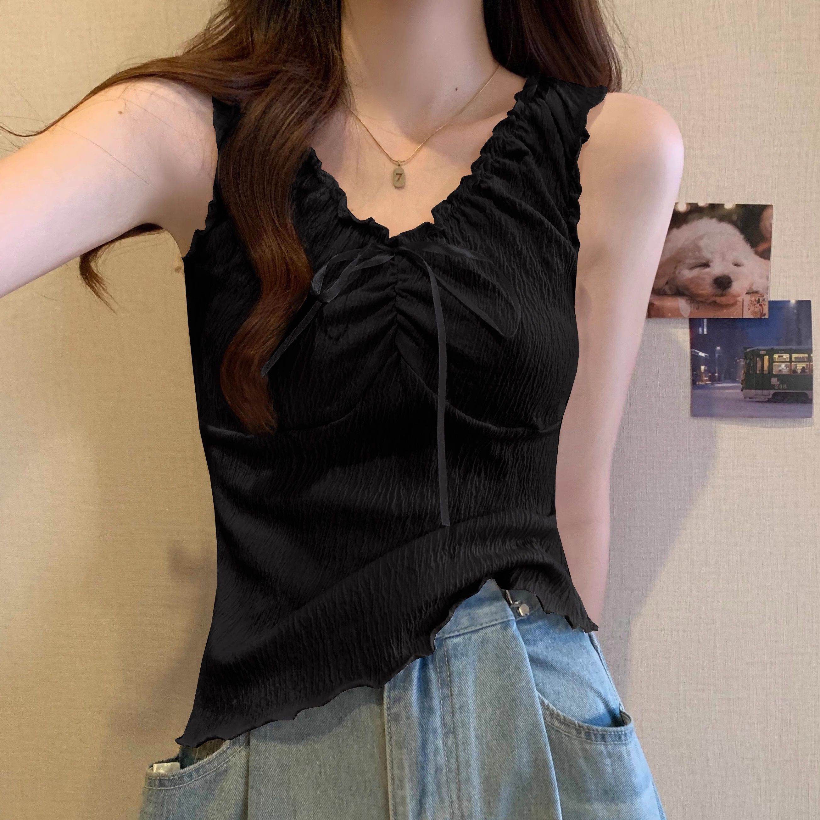 RY70056# 2026年法式独特漂亮木耳边女夏外穿上衣