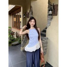 批发不规则<b class='q'>网纱</b>拼接格子吊带<b class='q'>上衣</b>下摆荷叶边背心女