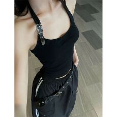 批发美式辣妹黑色挂脖吊带背心女夏季美背打底上衣