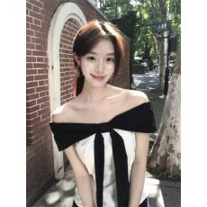 批发蝴蝶结露肩抹胸T恤女夏季