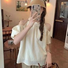 批发新款提花条纹露肩系带挂脖上衣女<b class='q'>宽松</b>显瘦百搭甜美别致<b class='q'>衬衫</b>
