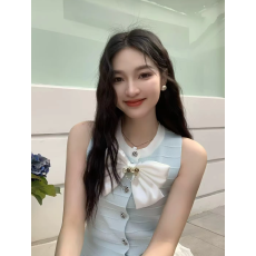 批发无袖开<b class='q'>衫</b>上衣圆领挑空钻石纽扣圆领边配蝴蝶结