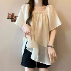 批发大码女装法式荷叶边<b class='q'>不规则</b>方领<b class='q'>雪纺衫女</b>夏季胖MM宽松显瘦短袖上衣