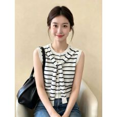 批发韩系条纹假两件无袖<b class='q'>针织衫</b>女2026夏季新款显瘦时尚气质简约上衣