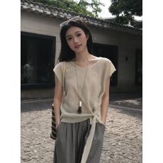 批发杏色针织短袖T恤女夏季独特漂亮不规则绑带掐腰上衣