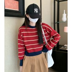 批发秋季针织衫<b class='q'>女</b>2026新款韩系chic别致条纹长袖短款独特别致小上衣服