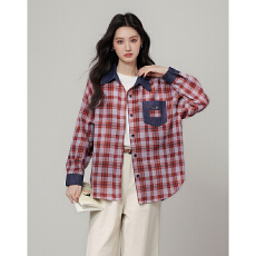 批发实拍~通勤休闲拼接撞色<b class='q'>格子</b><b class='q'>衬衫</b>外套