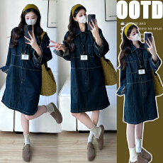 批发实拍 2025新款大码孕妇重工做旧洗水软牛仔翻领套头<b class='q'>百搭</b>连衣裙