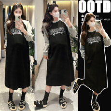 批发实拍2025早春秋冬<b class='q'>百搭</b>气质圆领显瘦慵懒字母印花套头假两件连衣裙