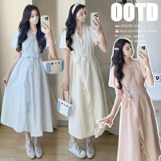 批发实拍 2026夏季大码孕妇装新款一片式木耳边绑带连衣裙 可哺乳