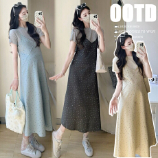 批发实拍2026新款大码孕妇针织打底百搭T+洗水棉印花吊带连衣裙两件套