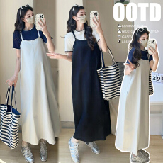 批发实拍 2026新款撞色假两件<b class='q'>纯棉</b>短袖上衣+可调节洗水棉花苞<b class='q'>连衣裙</b>