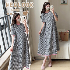 批发实拍 2026<b class='q'>夏季</b>复古减龄圆领撞色包边拼接宽松休闲格子短袖连衣裙