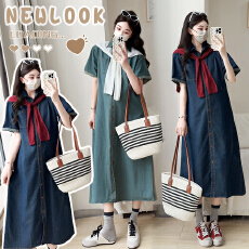 实拍 2026春夏新款大码孕妇做旧洗水软牛仔衬衣长裙+针织编织披肩