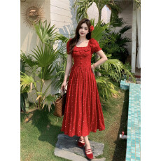 批发大码法式<b class='q'>短袖</b>连衣裙女夏季小个子别致波点裙子胖MM显瘦红色A字裙