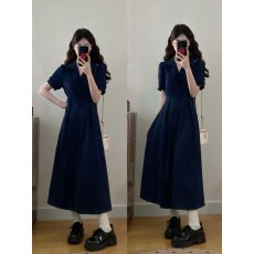 批发实拍~大码尽染深蓝色法式气质同勒短袖<b class='q'>连衣裙</b>女夏收腰长款衬衫裙