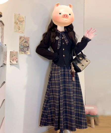 실사 빅 사이즈 통통한 여동생 가을 학원 스타일 페이크 레이어드 여성 레이스업 체크무늬 패치워크 긴팔 체크무늬 드레스