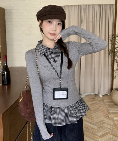 페이크 레이어드 체크무늬 패치워크 POLO 칼라 긴팔 티셔츠 여성 2026 가을 겨울 디자인 센스 몸매 가꾸기 작은 맨위 기본 셔츠