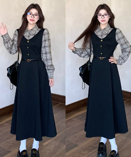 실사 빅 사이즈 통통한 여동생 가을 학원 스타일 페이크 레이어드 여성 레이스업 체크무늬 패치워크 긴팔 체크무늬 드레스