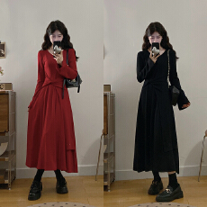 批发2026胖妹妹法式好看收腰长袖连衣裙显瘦纸片人长裙打底针织棉加厚