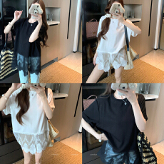 批发韩国下摆蕾丝拼接<b class='q'>T</b><b class='q'>恤</b>女短袖2026夏季新款宽松洋气时髦内搭上衣