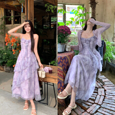 批发法式气质优雅紫碎花不规则荷叶边收腰显瘦连衣裙两件套夏防晒衣