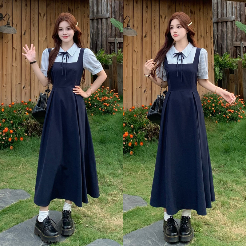 학원 스타일 페이크 레이어드 배색 패치워크 해군 연령 감소 드레스 나비 매듭