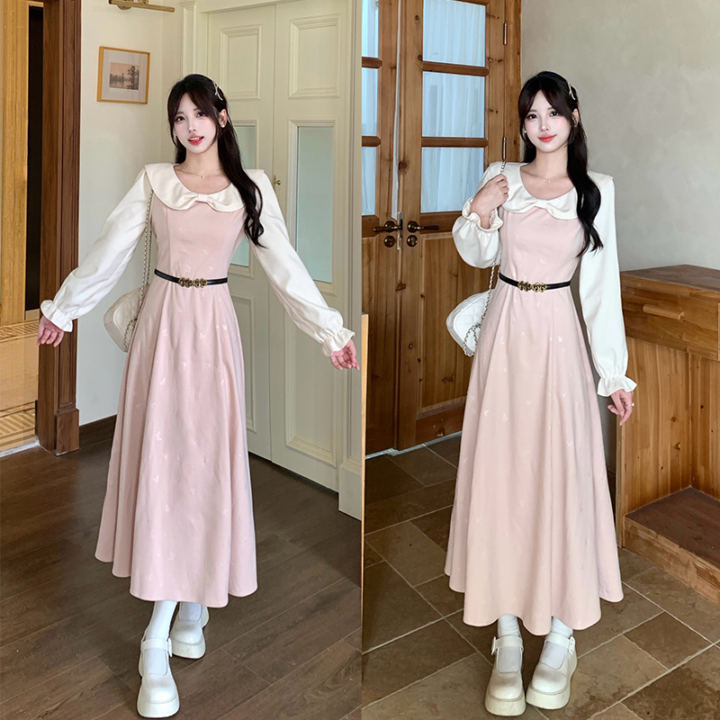 RY9010# 秋冬花谢来信撞色娃娃领长袖蝴蝶结印花弹力毛呢大摆温柔裙子